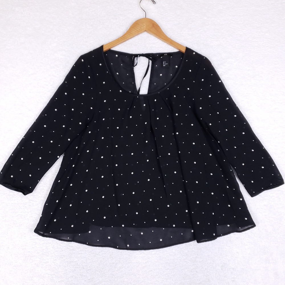 H&M Polka Dot Blouse Women 4 Black Sheer 3/4 Sleeve Keyhole Career‎ Boho